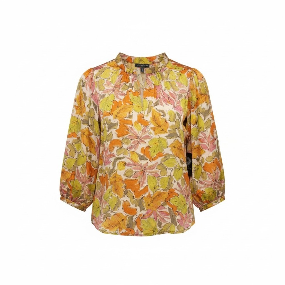 Vince Camuto Blouse Women 2X Multicolor Floral Leaf Print Boho Peasant Bright
